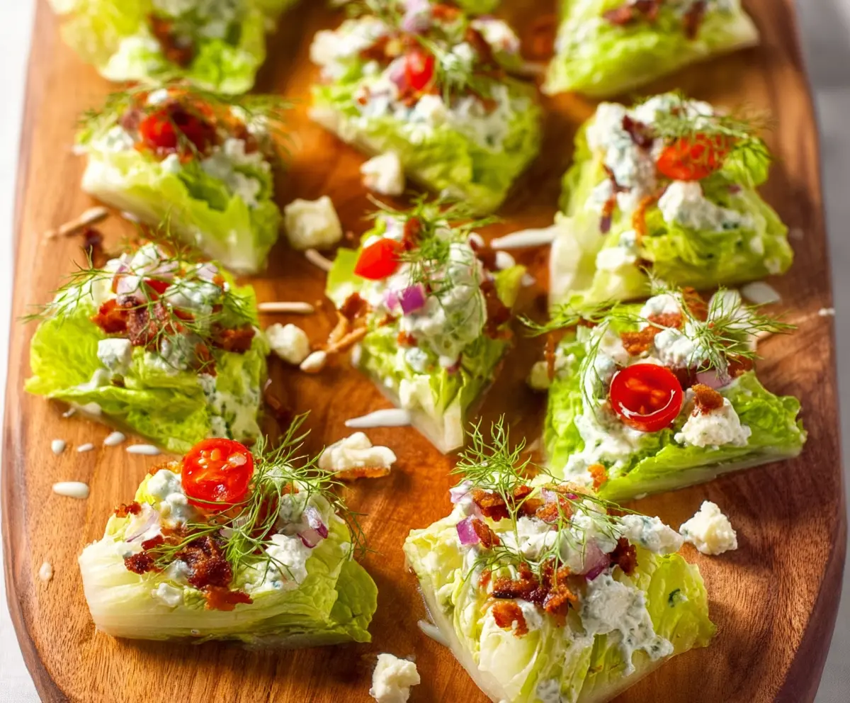 Delicious Lettuce Wedge Bites topped with creamy dressing and fresh herbs for a tasty appetizer.