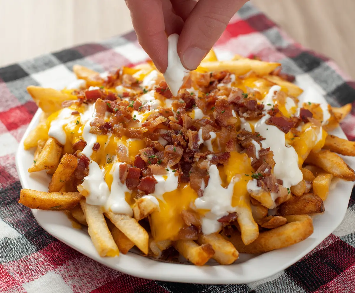 Delicious Loaded Bacon Ranch French Fries topped with crispy bacon, fresh herbs, and creamy ranch dressing.