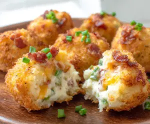 Delicious Loaded Mashed Potato Bites topped with cheese, bacon, and green onions on a serving plate.