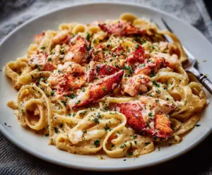 Delicious lobster pasta with fresh herbs and creamy sauce on a white plate.
