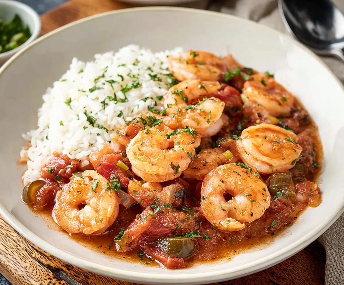Delicious Louisiana Shrimp Creole served in a vibrant bowl with ripe vegetables and fresh herbs.