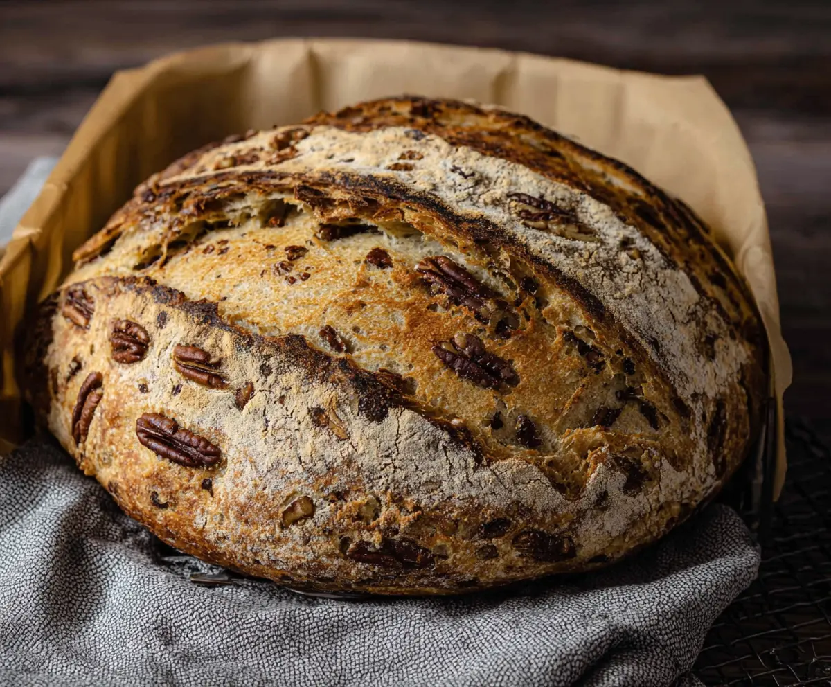 Freshly baked maple pecan sourdough bread with a golden crust and crunchy pecan toppings.