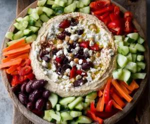 Colorful Mediterranean hummus dip platter with fresh vegetables and pita bread for a healthy appetizer.