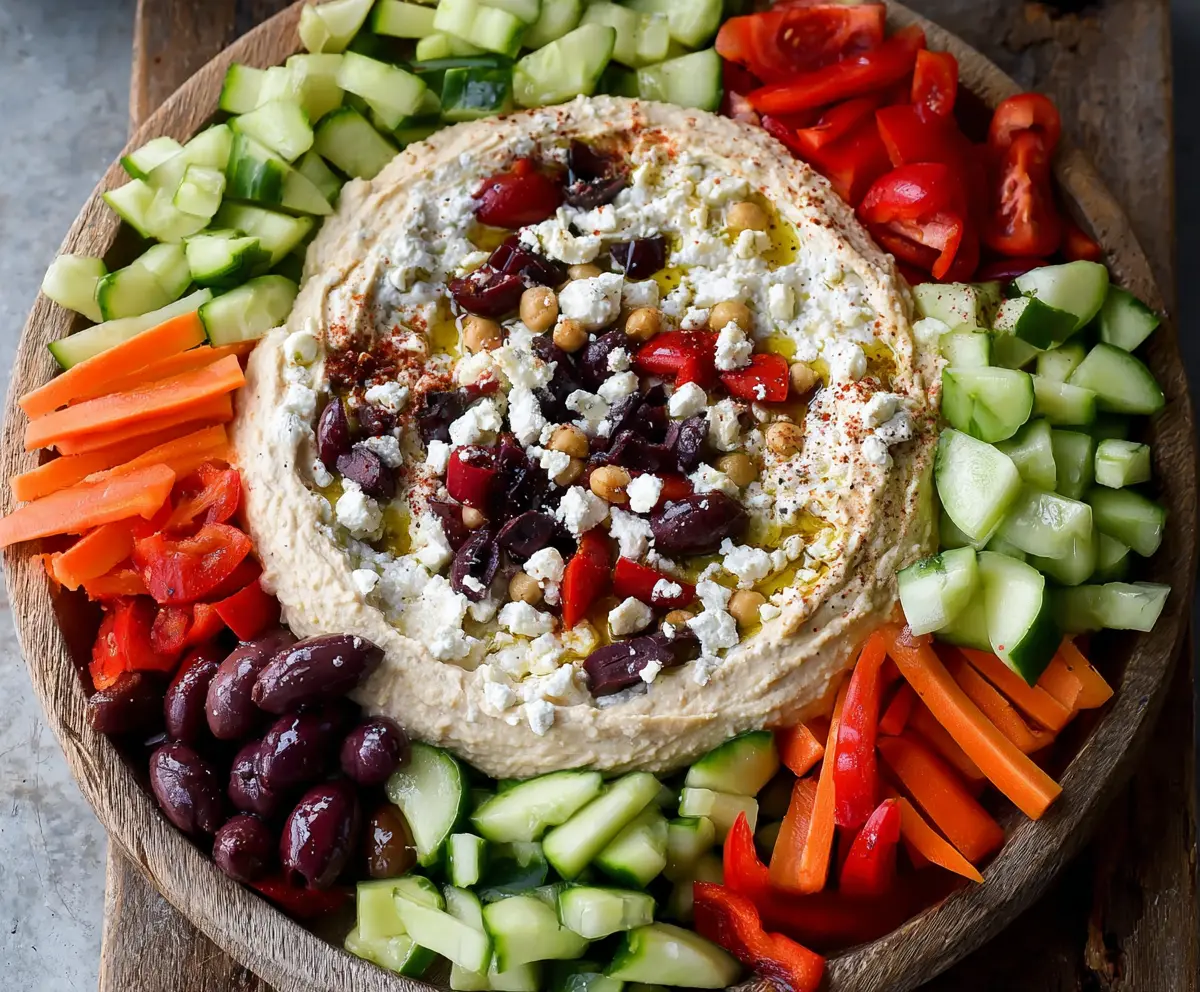 Colorful Mediterranean hummus dip platter with fresh vegetables and pita bread for a healthy appetizer.