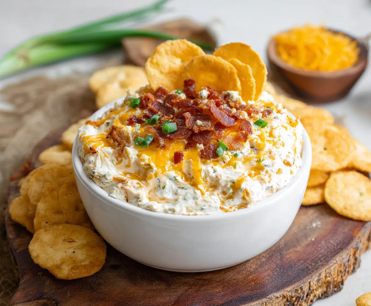 Delicious Million Dollar Crack Dip served in a bowl with crispy chips on the side.