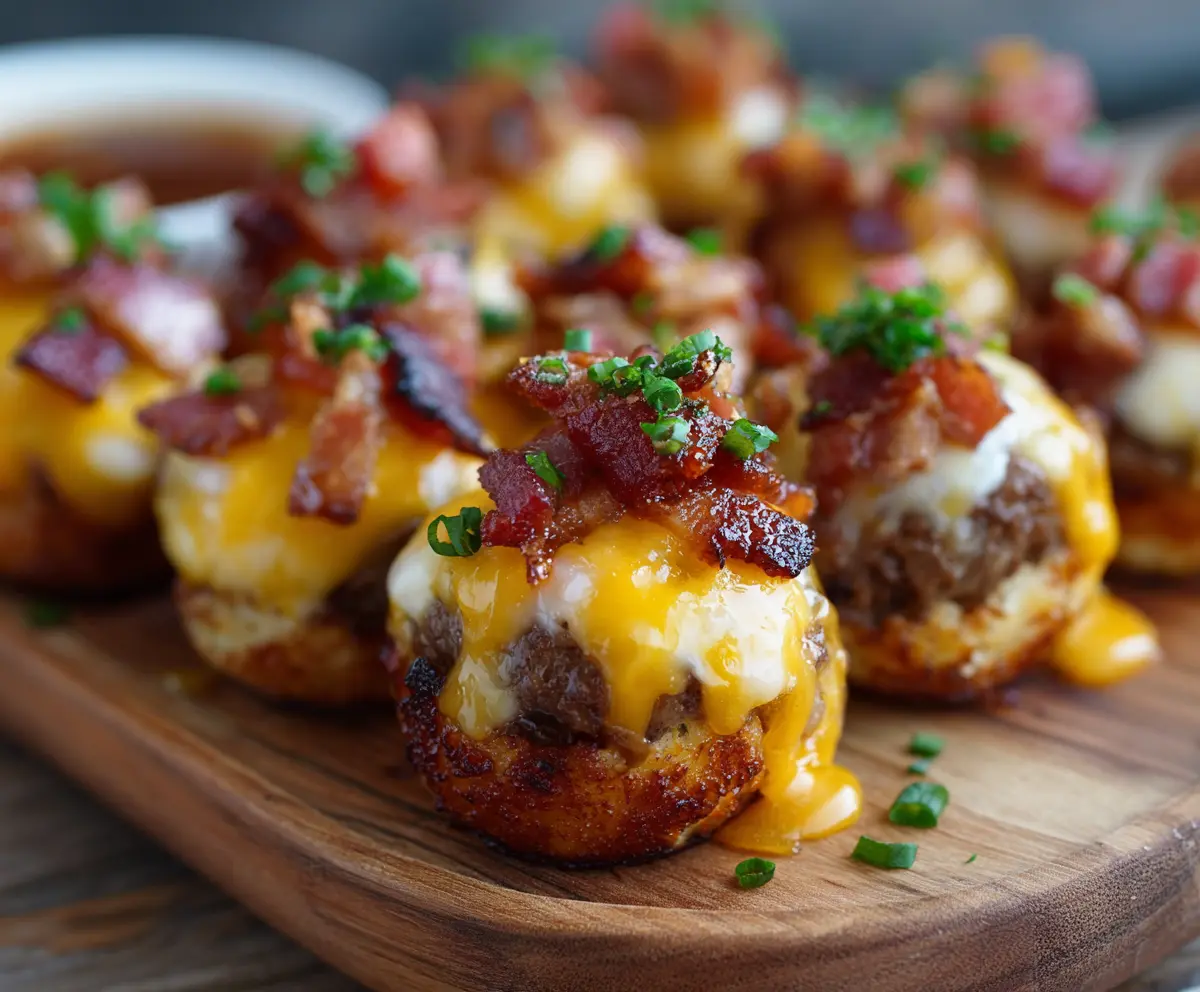 Mini bacon cheeseburger bites with melted cheese, crispy bacon, and mini burger buns.