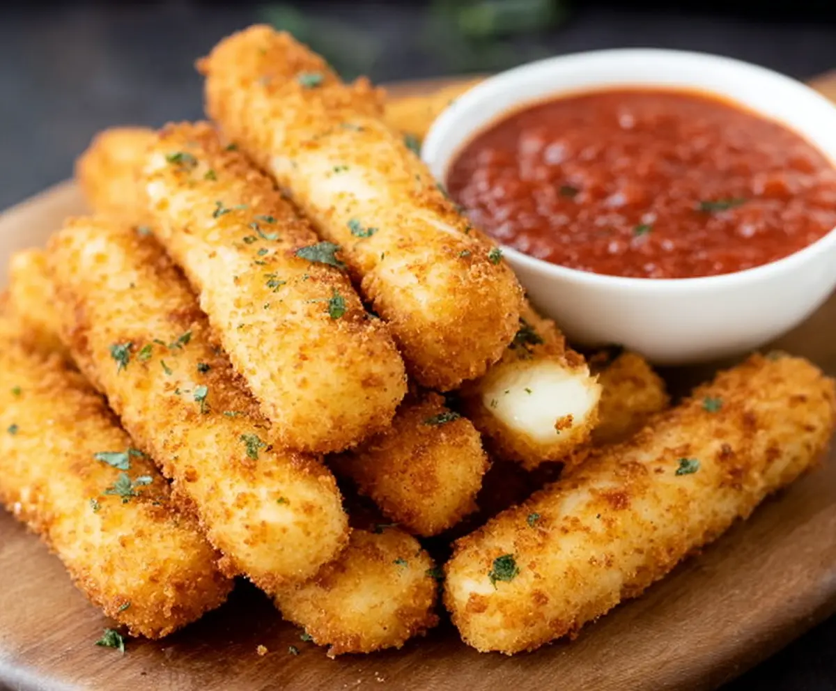 Bowl of crispy mozzarella sticks served with rich marinara sauce for dipping.
