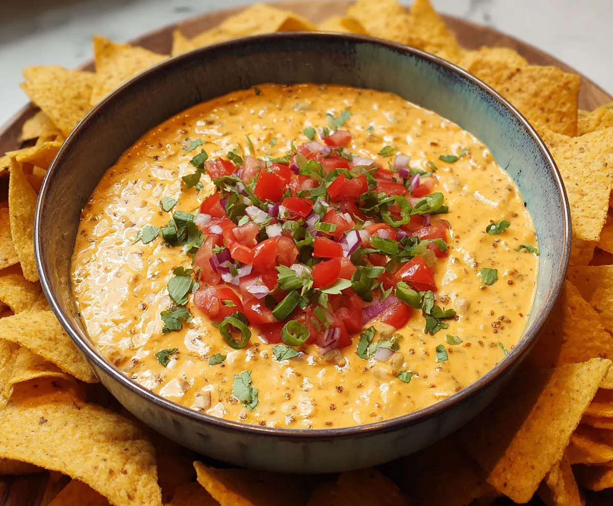 Creamy nacho dip topped with melted cheese, jalapenos, and chopped tomatoes in a serving bowl.