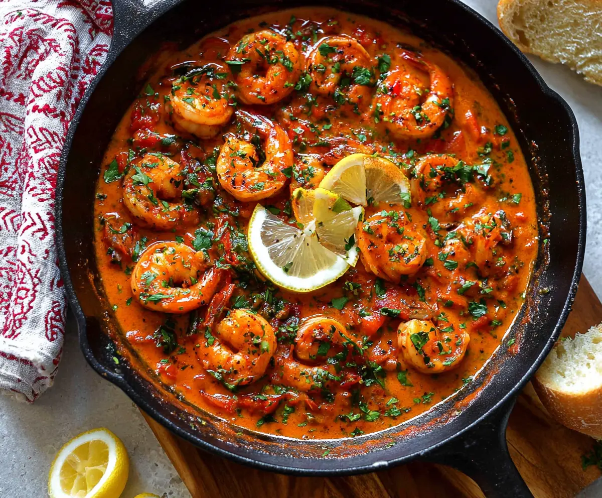 Delicious paprika shrimp skillet with vibrant red spices and fresh herbs.