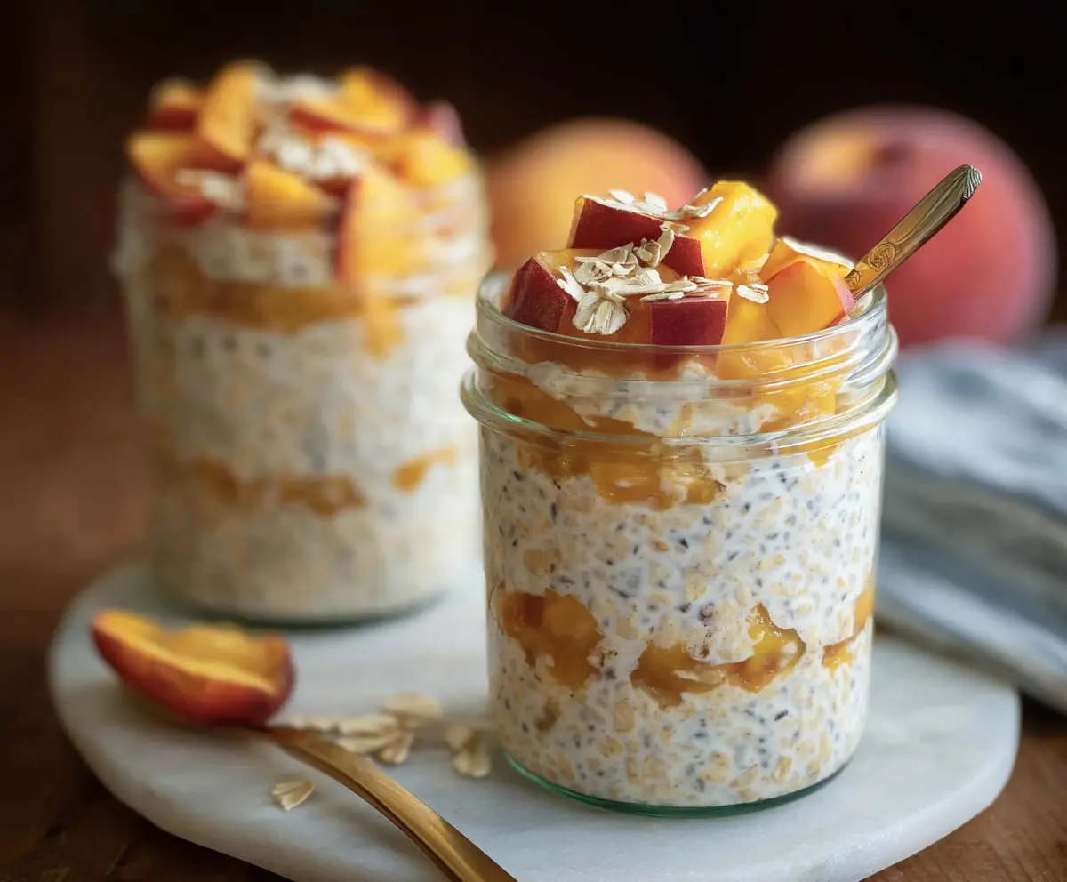 Delicious Peach Cobbler Overnight Oats in a glass jar topped with fresh peach slices and a sprinkle of cinnamon.
