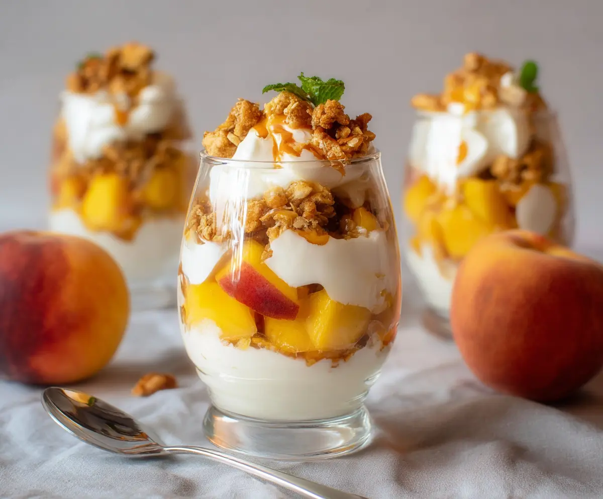 Delicious Peach Yogurt Parfait layered with fresh peaches and creamy yogurt in a glass bowl.