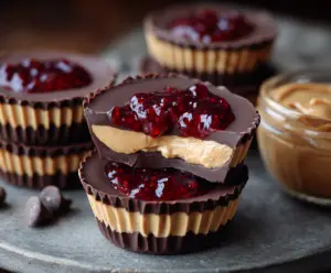 Delicious peanut butter and jelly cups in a muffin pan on a baking tray