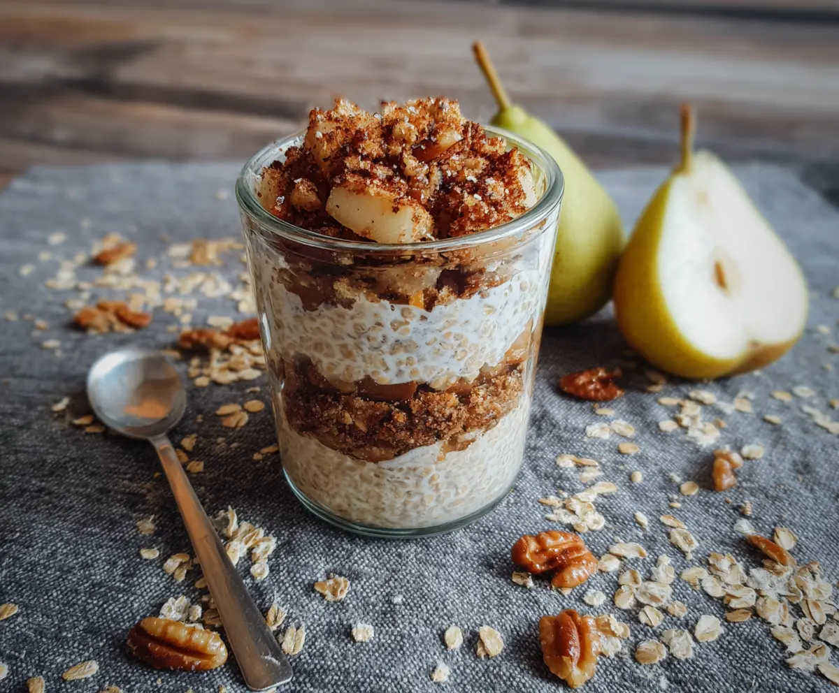 Delicious Pear Crumble Overnight Oats served in a bowl, topped with fresh pear slices and a crunchy crumble topping.