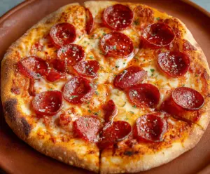 Delicious homemade pepperoni pizza with melted cheese and crispy crust
