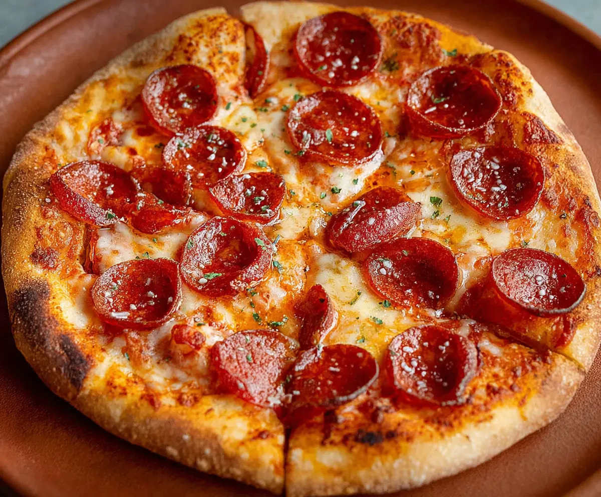 Delicious homemade pepperoni pizza with melted cheese and crispy crust