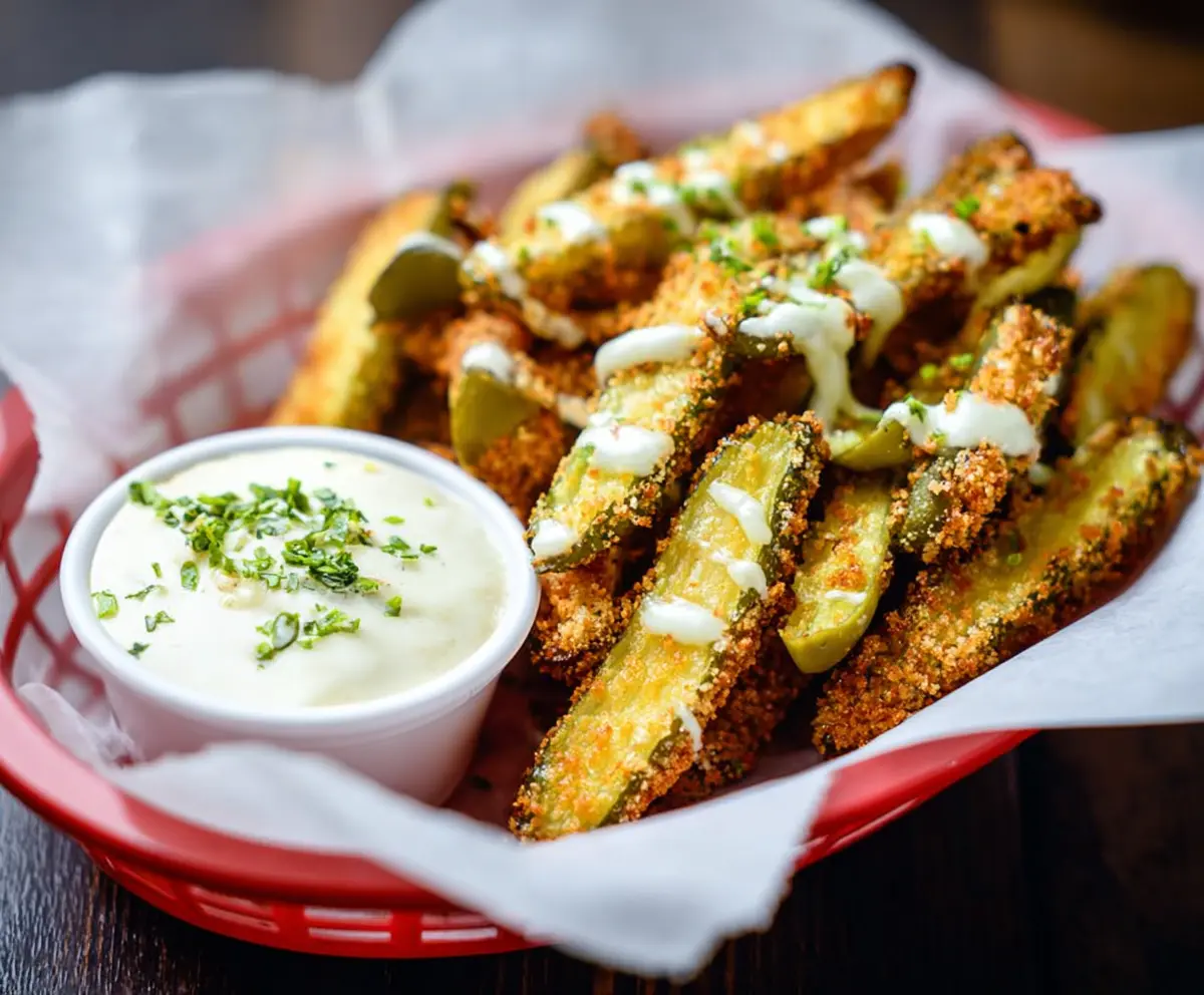Crispy pickle fries served with dipping sauce on a rustic plate, perfect for appetizer or snack.
