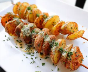Delicious grilled potato skewers with herbs and spices, perfect for outdoor barbecues
