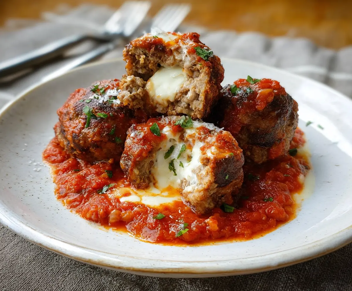 Delicious queso-stuffed meatballs served on a plate, perfect for appetizer or party snack.
