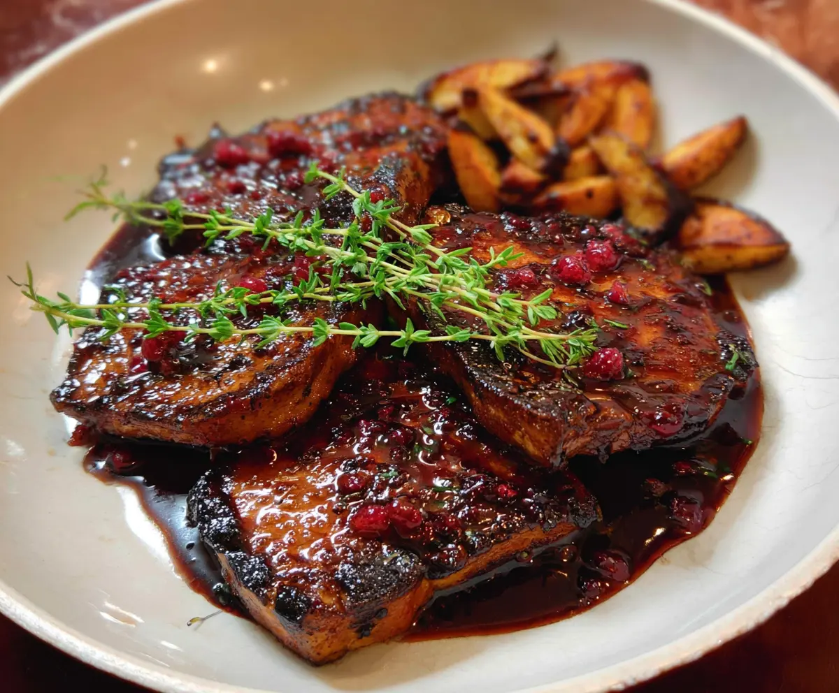 Juicy pork chops with a glossy raspberry glaze served on a plate.