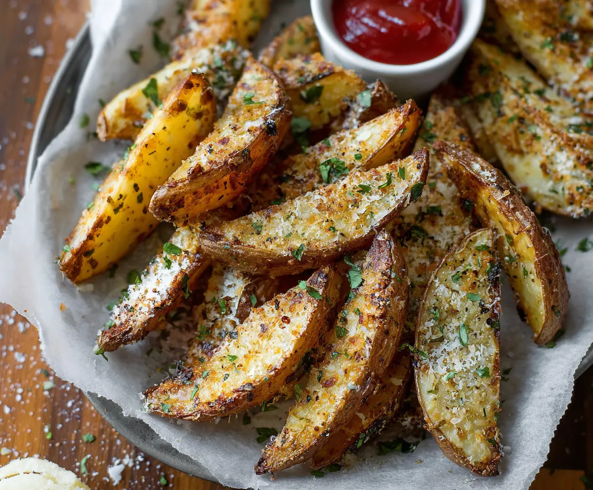 Golden roasted garlic Parmesan potato wedges served as a crispy appetizer or side dish.