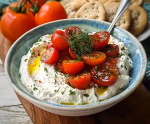 Delicious savory whipped cottage cheese mixed with fresh tomatoes, perfect for a healthy appetizer or snack.