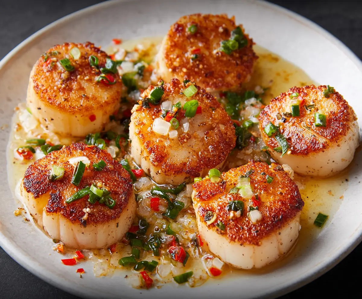 Delicious seared scallops served on a plate with lemon and herbs