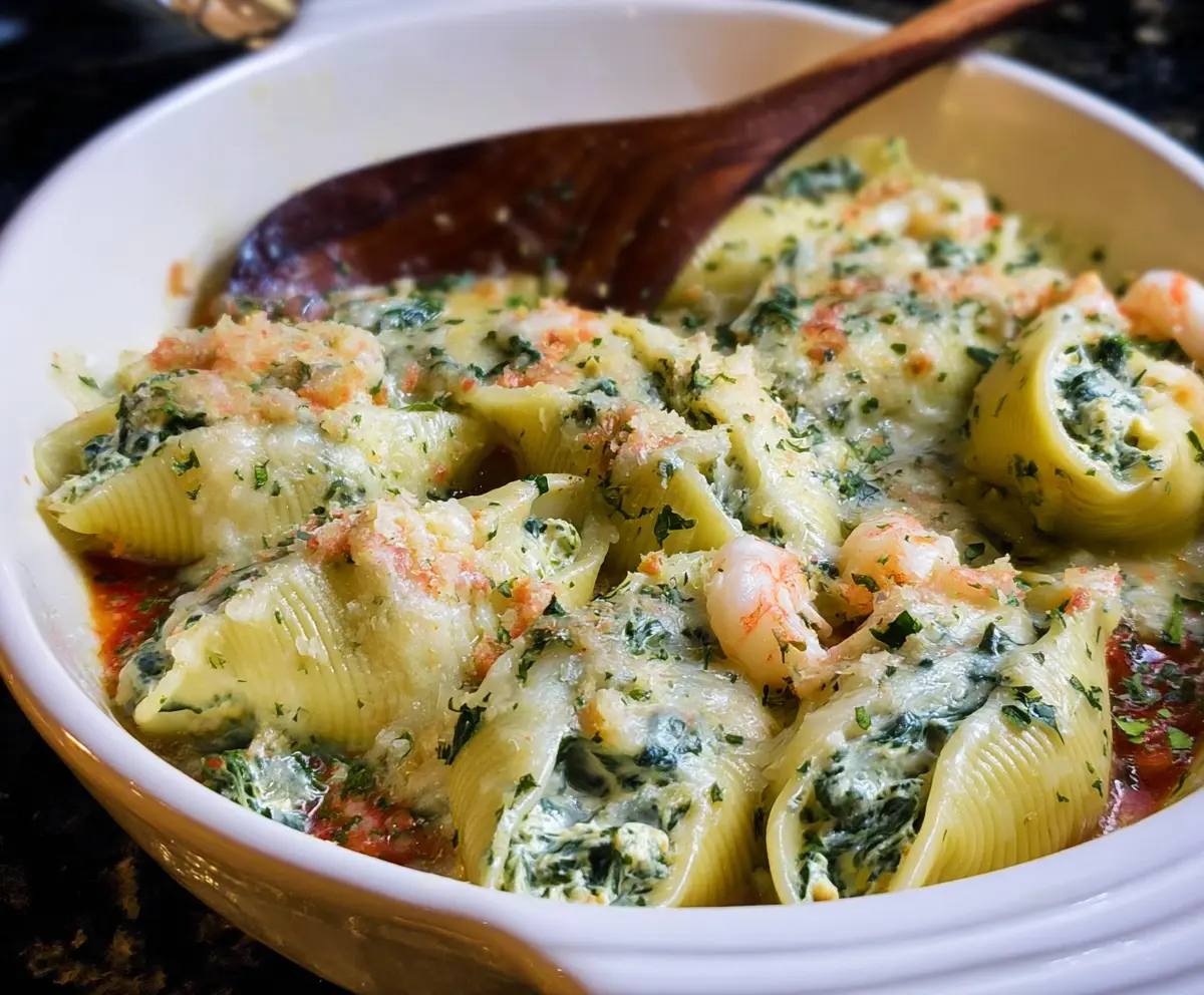 Delicious Shrimp and Spinach Stuffed Shells baked to perfection with melted cheese and fresh greens.
