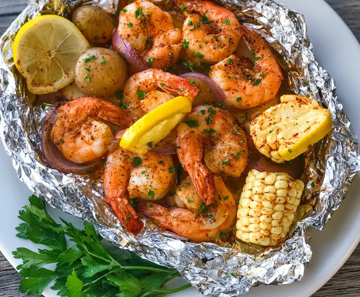 Delicious shrimp foil packet cooking in the oven, ready for a flavorful seafood meal.