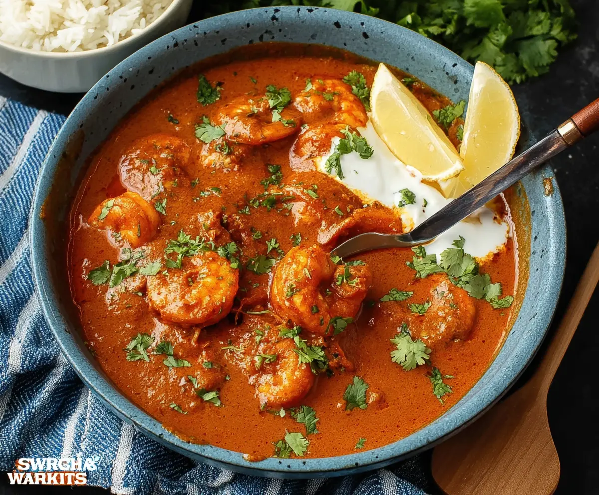 Delicious shrimp tikka masala served with fresh herbs and a creamy sauce.