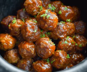 Delicious slow cooker honey buffalo meatballs served in a bowl with fresh herbs