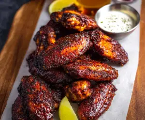 Delicious smoked chicken wings garnished with herbs on a platter, perfect for BBQ lovers.