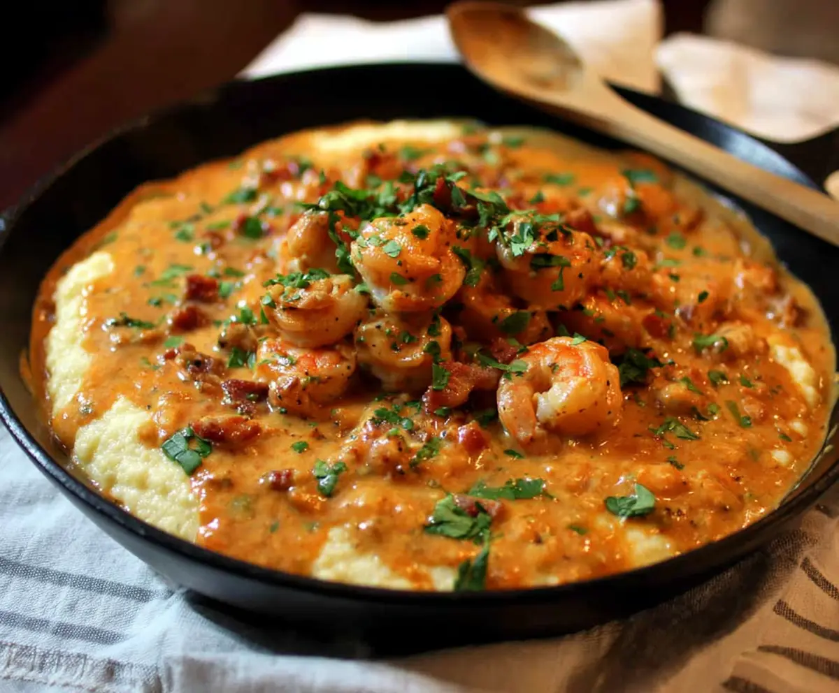 Delicious smothered shrimp served over creamy southern grits, a mouthwatering seafood and comfort food combination.