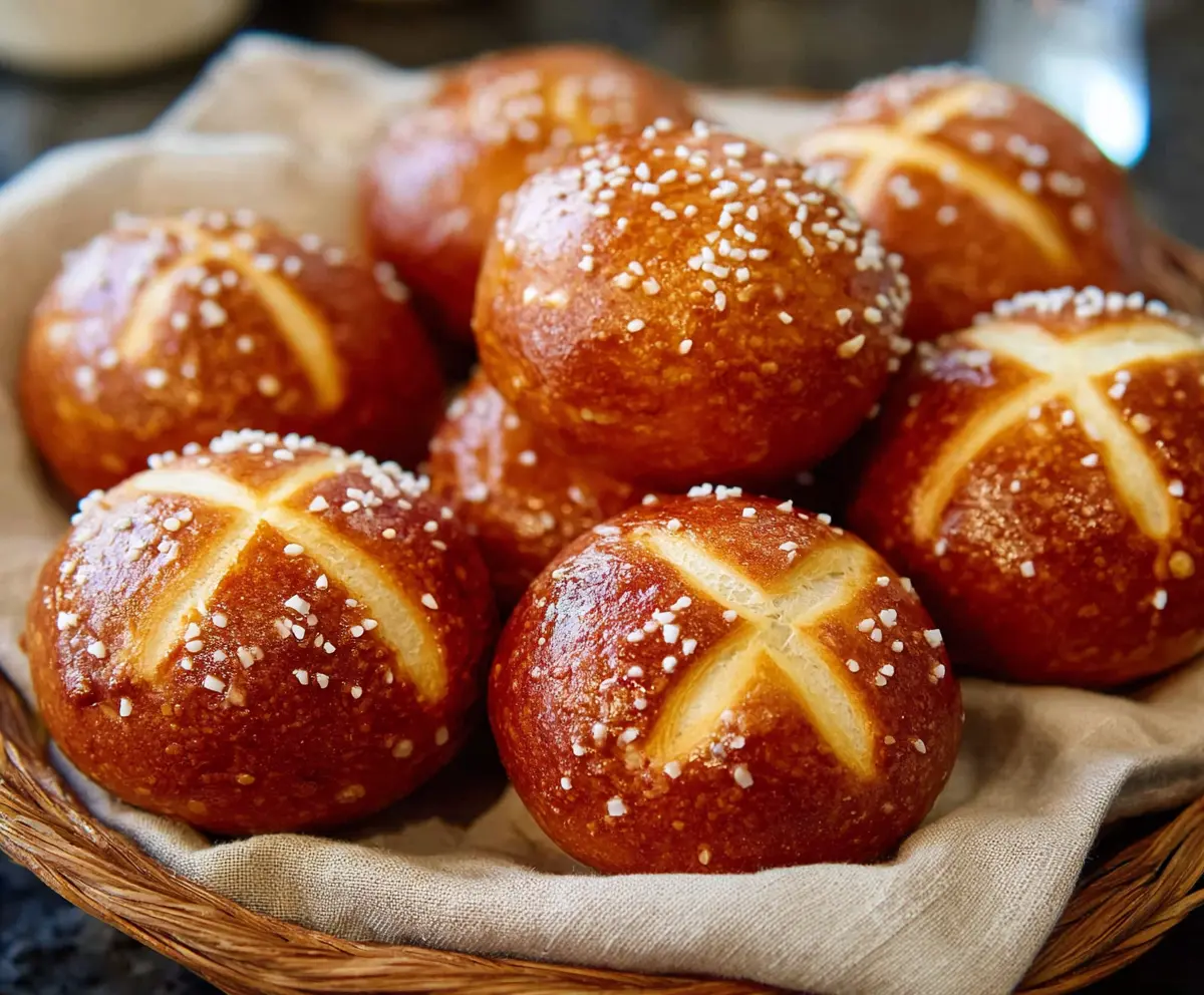 Delicious soft pretzel buns fresh from the oven, perfect for sandwiches and snacks.