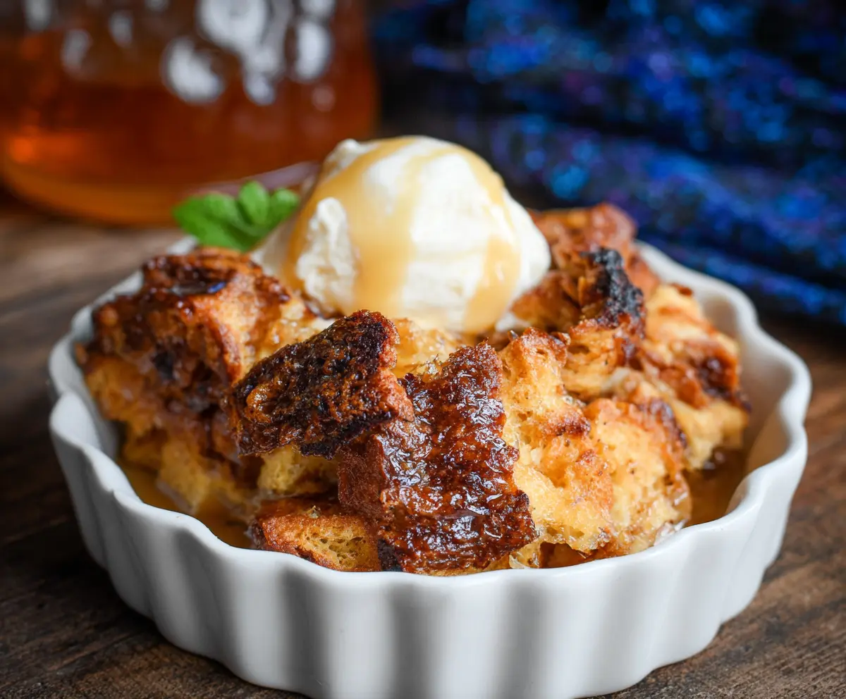 Creamy sourdough bread pudding dessert garnished with fresh berries and powdered sugar.