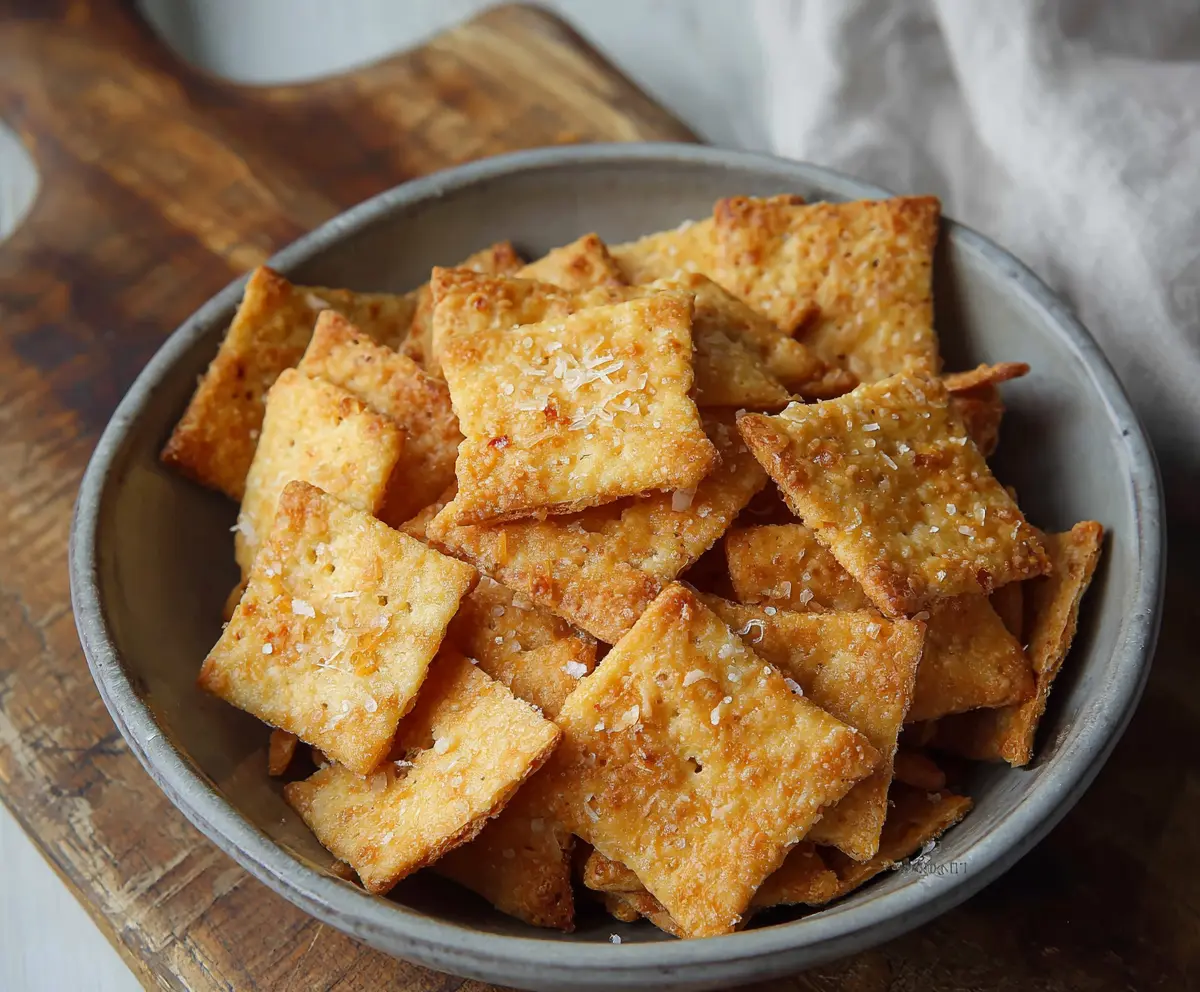 Homemade sourdough cheese crackers on a rustic wooden surface, showcasing crispy, cheesy snack bites.