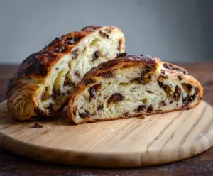 Delicious sourdough chocolate chip croissant bread fresh out of the oven showcasing its golden crust and melty chocolate chips.