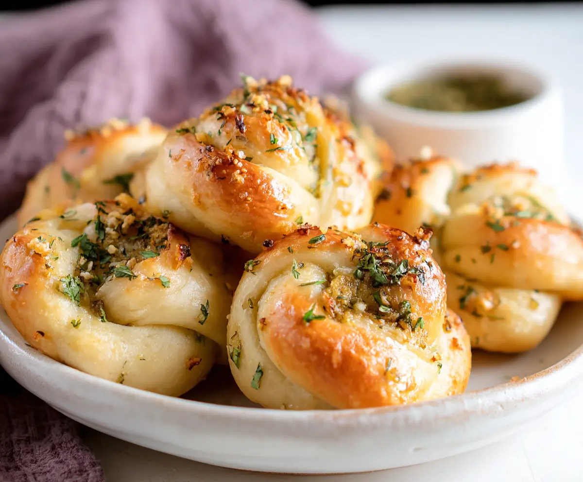 Delicious sourdough discard garlic knots brushed with garlic butter and herbs