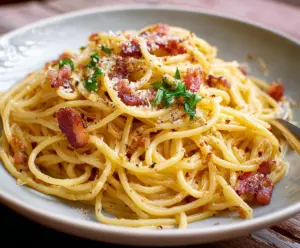 Delicious Spaghetti Alla Carbonara with crispy pancetta and creamy sauce on a white plate.