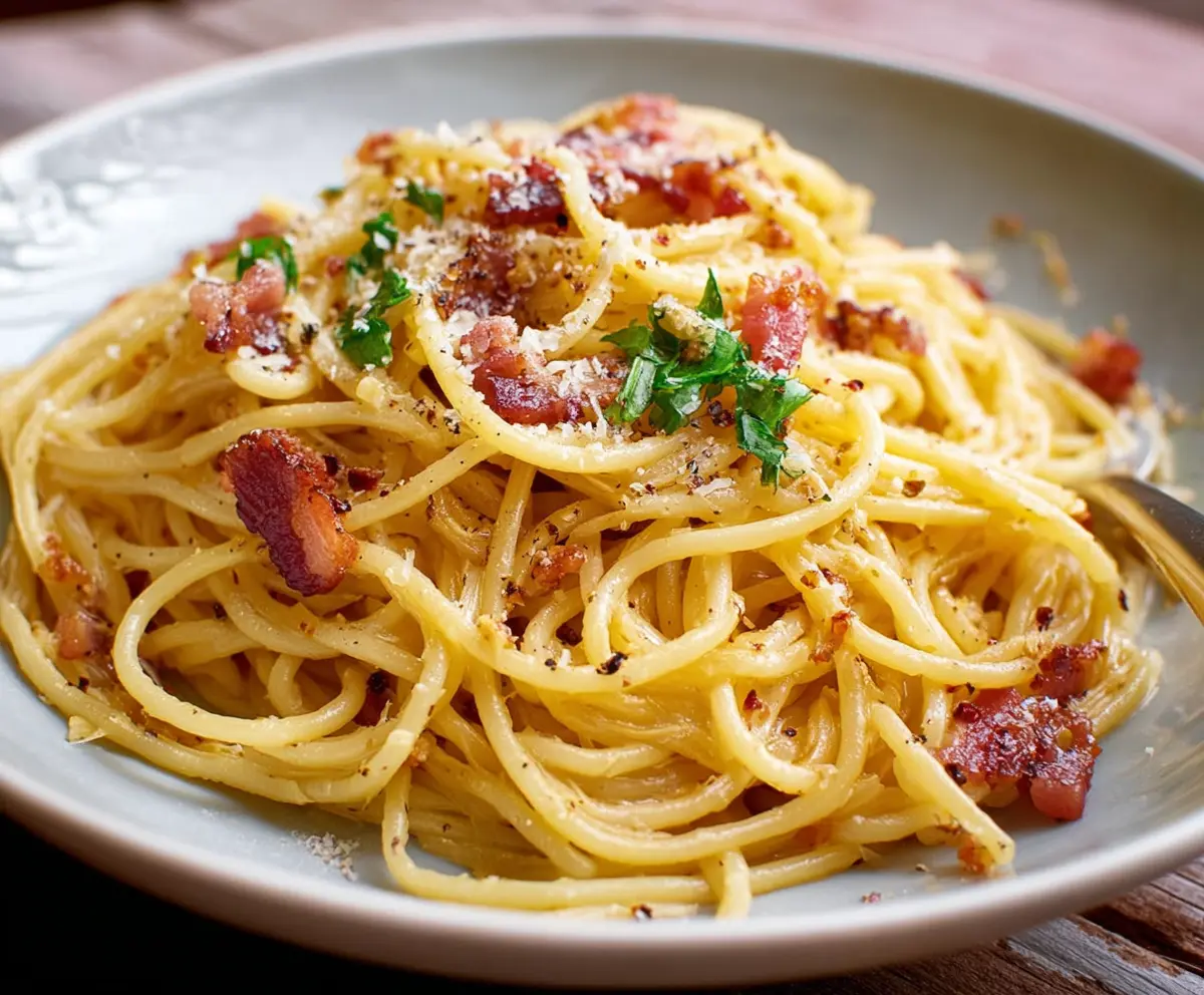 Delicious Spaghetti Alla Carbonara with crispy pancetta and creamy sauce on a white plate.
