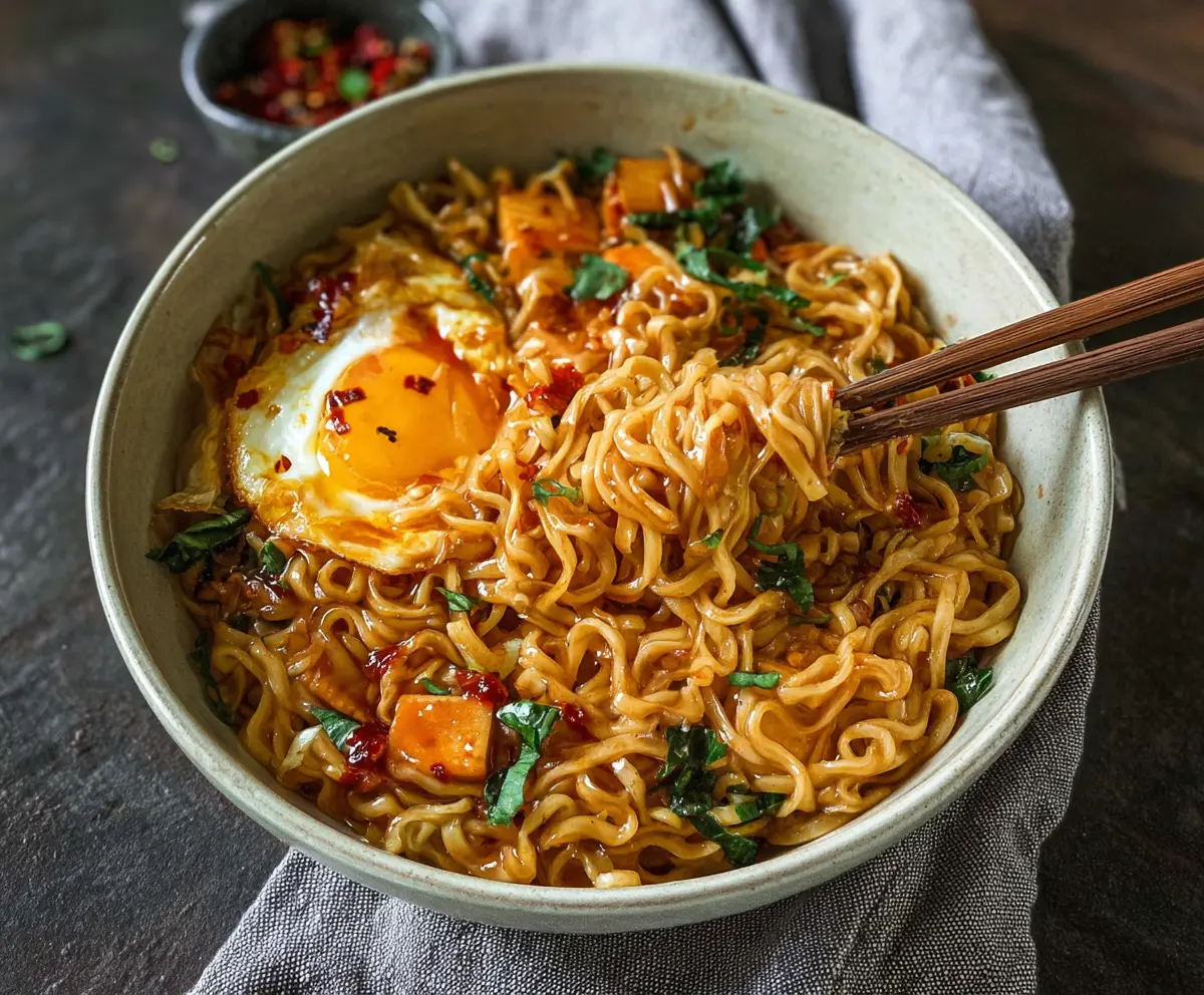 Bowl of delicious Thai chili ramen noodles garnished with fresh herbs and vegetables