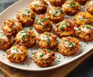 Delicious Taco Ranch Bites with crispy tortilla chips, seasoned ground beef, and fresh toppings.