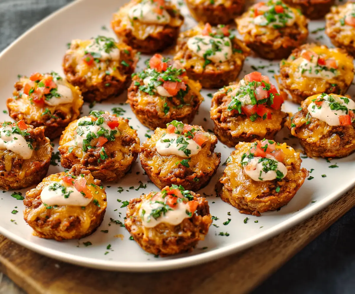 Delicious Taco Ranch Bites with crispy tortilla chips, seasoned ground beef, and fresh toppings.