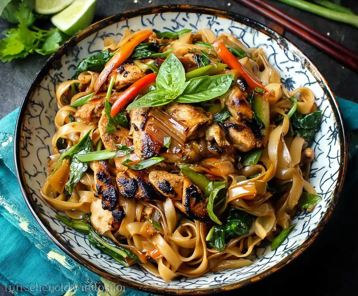 Delicious Thai Basil Chicken Noodles featuring stir-fried chicken, fresh basil, and tender noodles in a savory sauce.