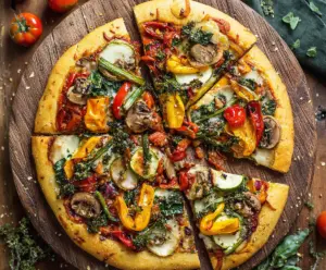 Delicious veggie pizza topped with colorful bell peppers, tomatoes, and spinach on a crispy crust.