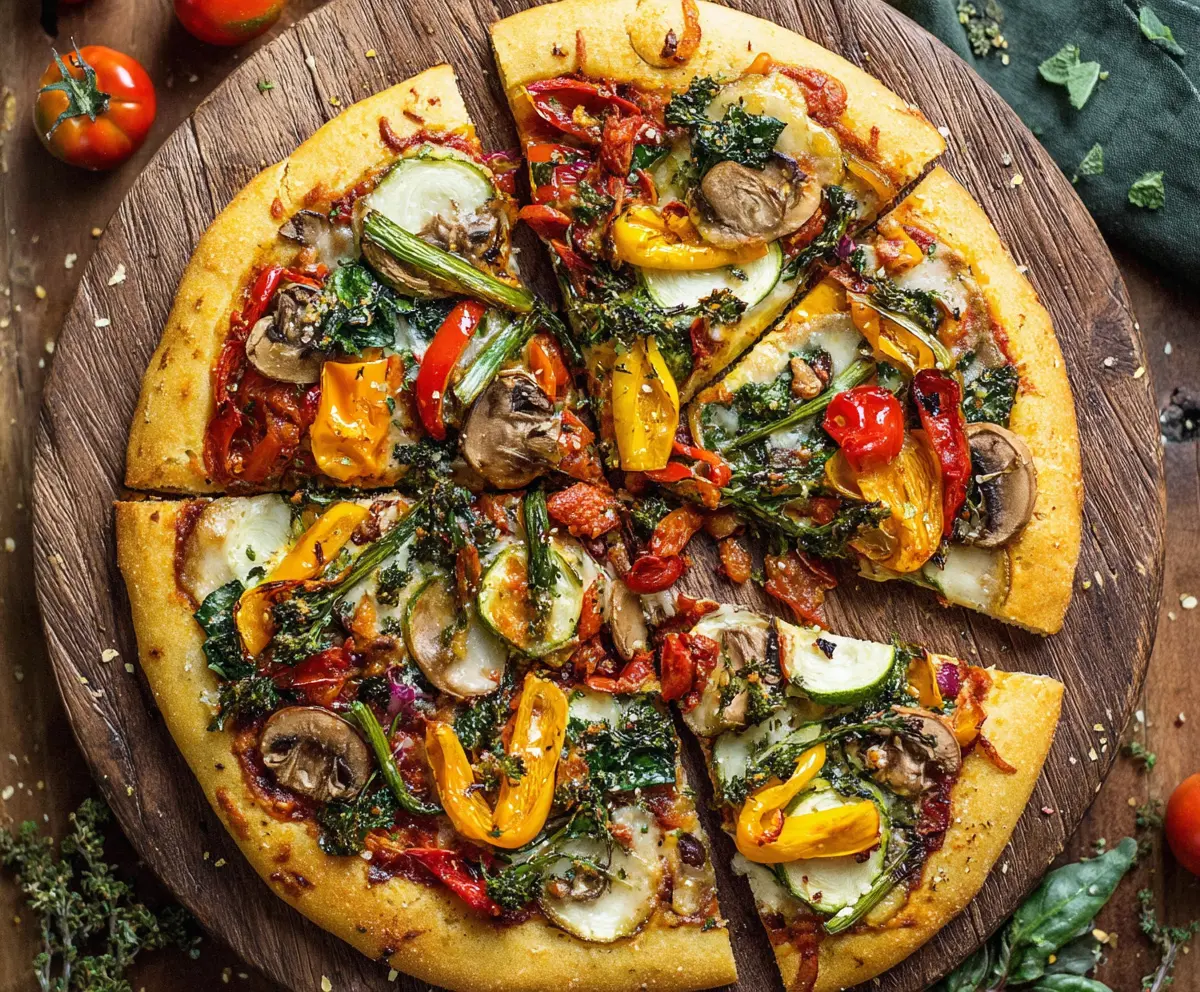 Delicious veggie pizza topped with colorful bell peppers, tomatoes, and spinach on a crispy crust.