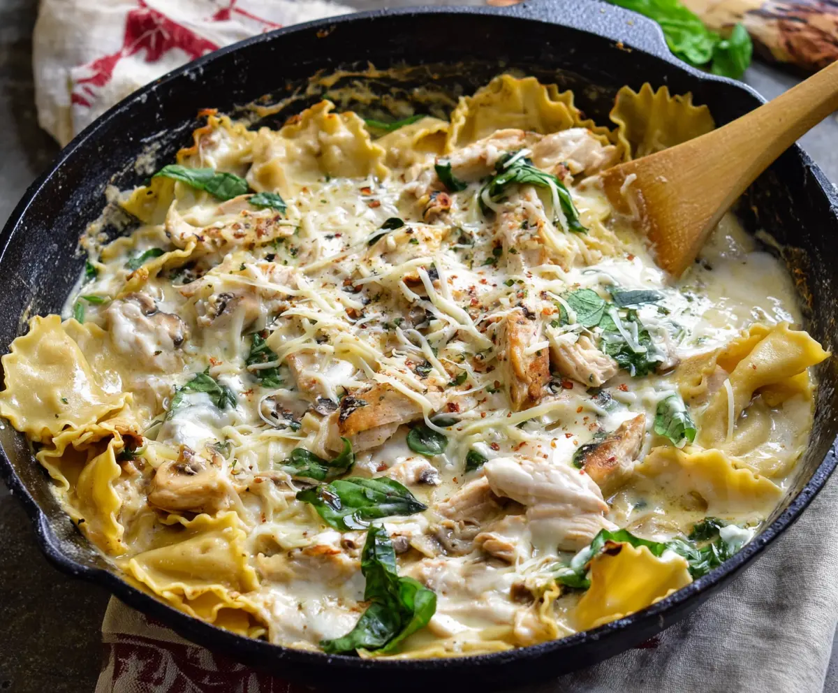 Delicious White Chicken Skillet Lasagna with creamy cheese and tender chicken layered in a skillet.