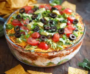 Delicious 5 Layer Dip with creamy beans, guacamole, sour cream, shredded cheese, and diced tomatoes served in a clear bowl.