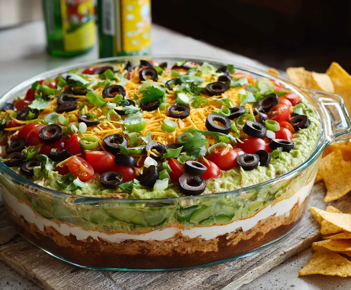 Delicious 7 Layer Dip with vibrant ingredients including sour cream, guacamole, and shredded cheese in a clear glass bowl.
