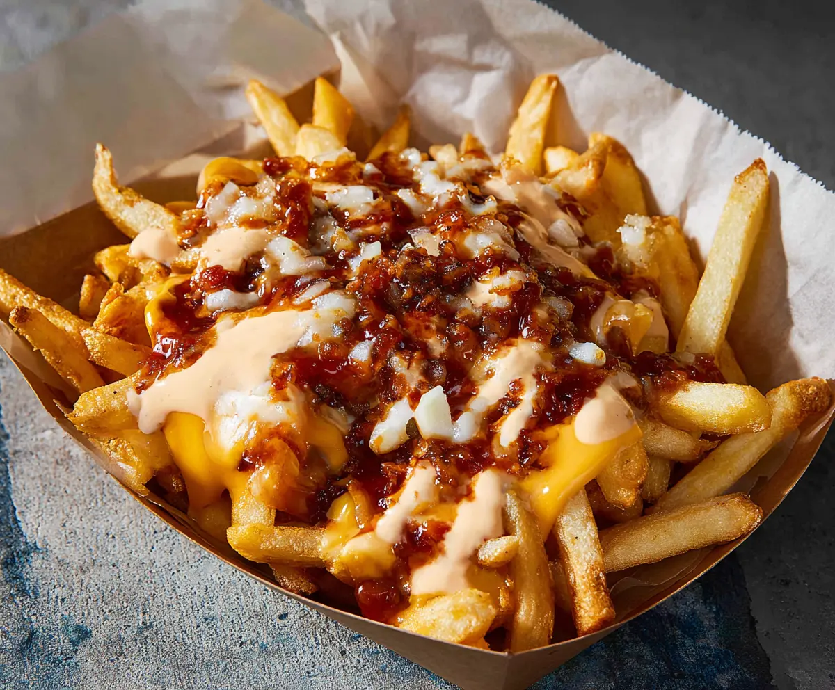 Delicious Animal Style Fries topped with melted cheese, crispy onions, and savory sauce, served in a basket.