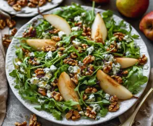 Fresh arugula and pear salad topped with crumbled blue cheese and walnuts, a healthy and tasty dish.